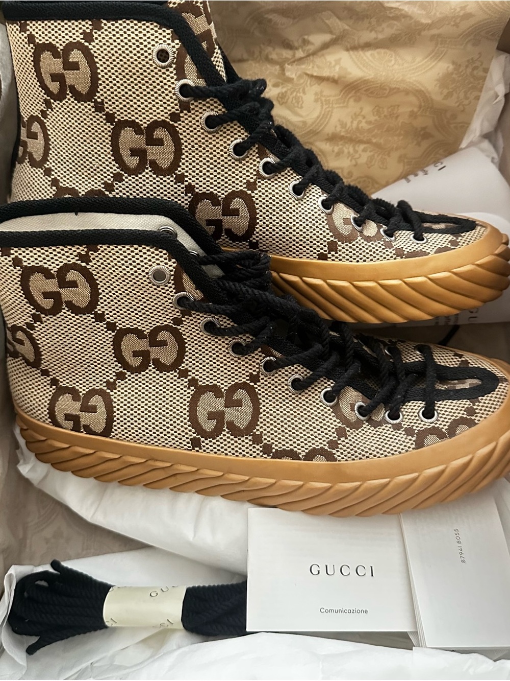 Gucci Brown Beige Tan Maxi GG Canvas High-Top Sneakers